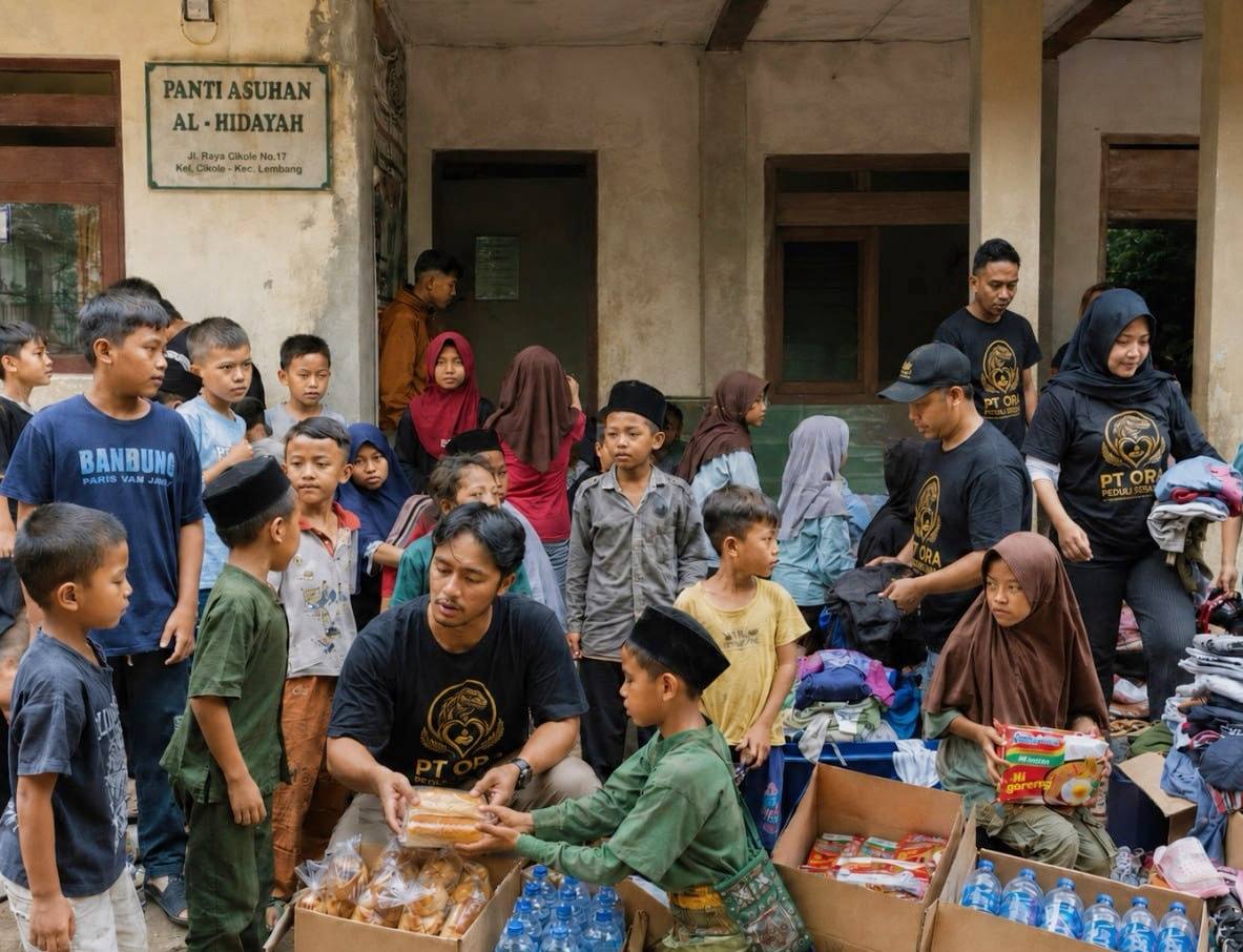 Relawan menyerahkan roti di antara anak dan tumpukan pakaian