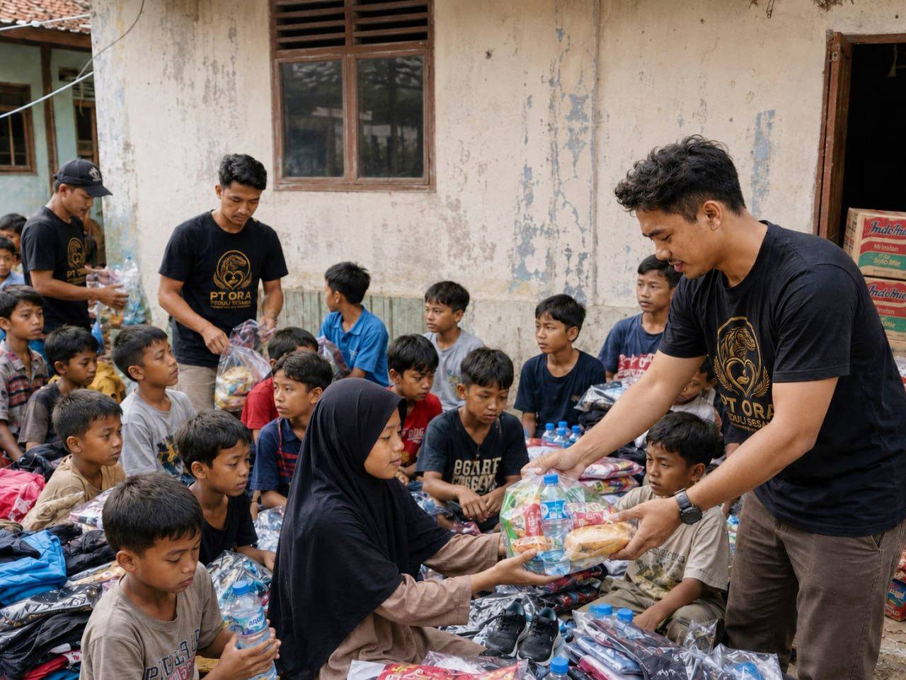 Penyerahan paket berisi makanan dan air minum kepada anak