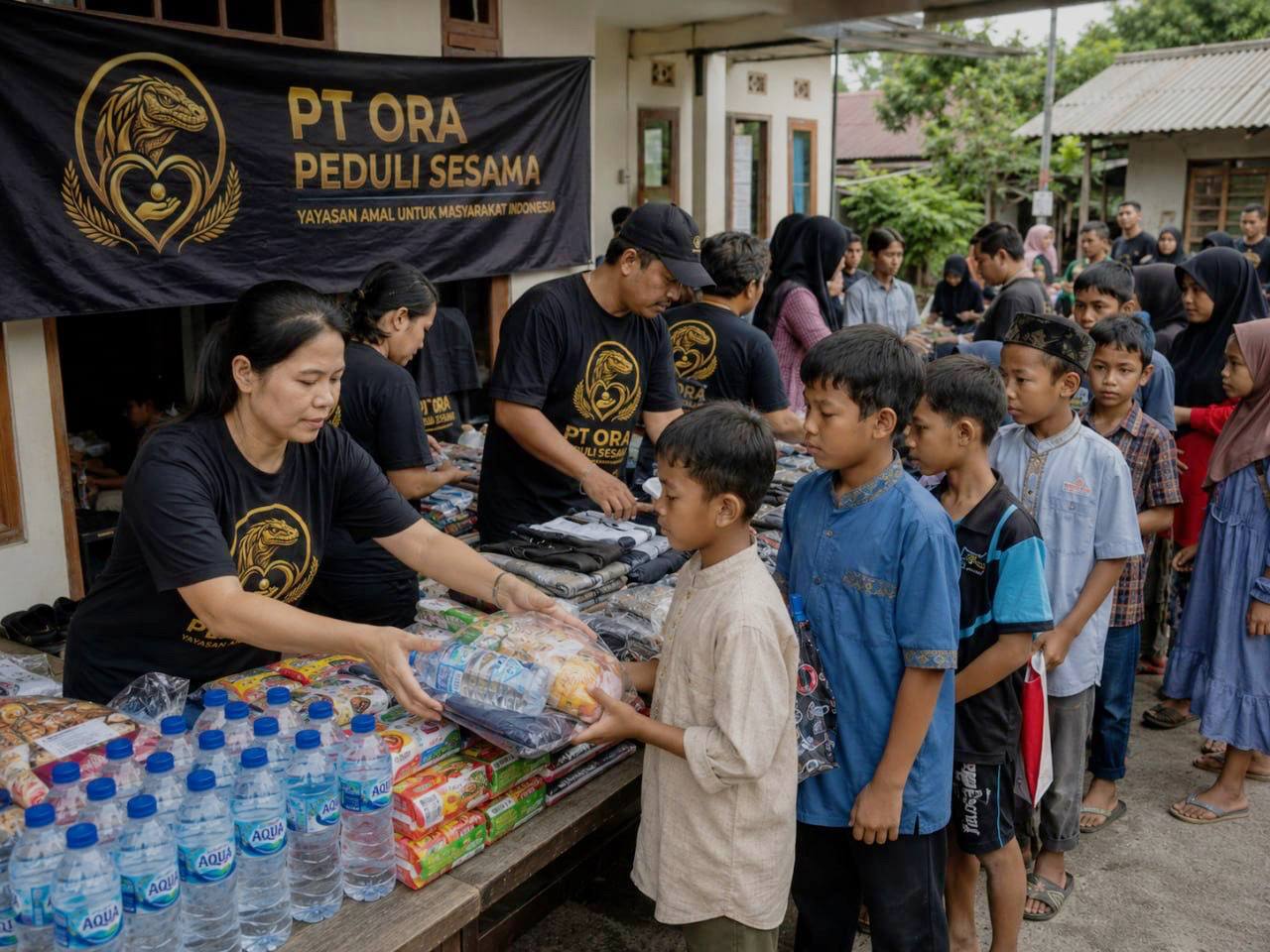 Anak mengantre di depan meja paket kebutuhan dan pakaian
