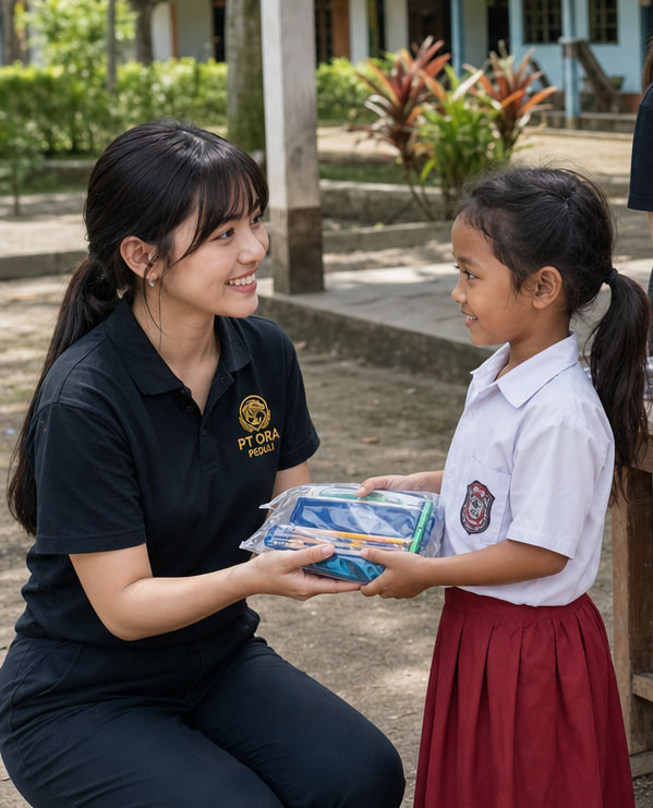 Penyerahan paket perlengkapan kepada anak berseragam sekolah
