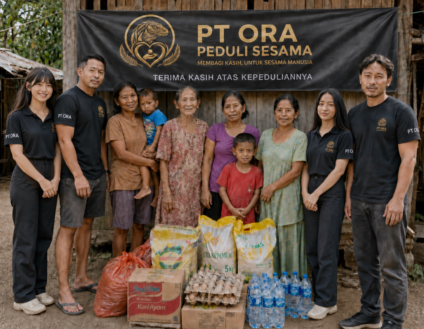 Keluarga dan orang dewasa bersama beras telur air minum dan bahan pangan