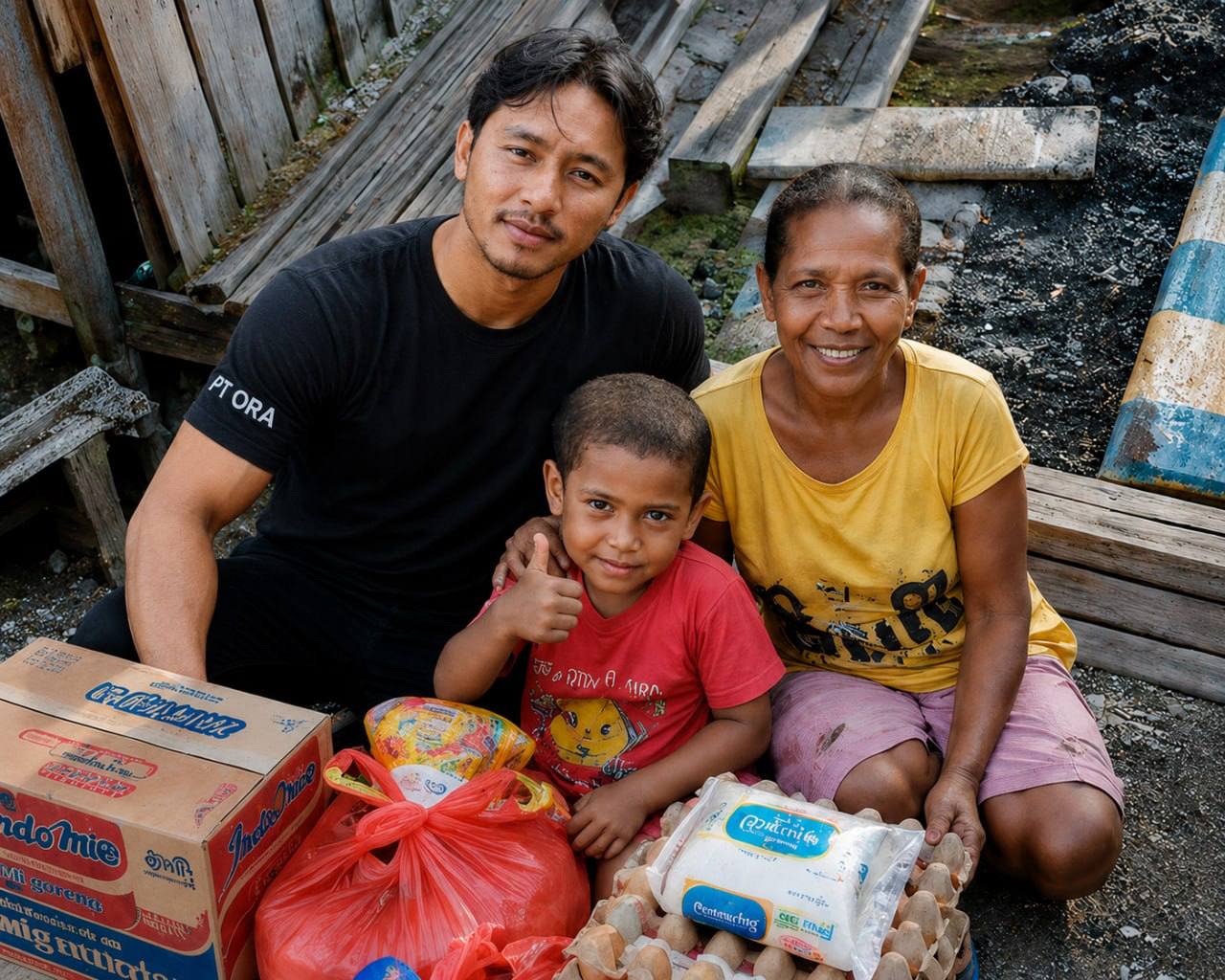Orang dewasa dan anak bersama bahan kebutuhan rumah tangga