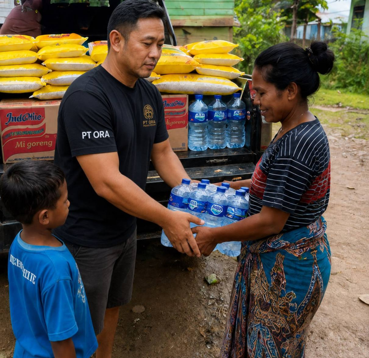 Penyerahan air minum kemasan di dekat kendaraan berisi beras dan kotak pangan