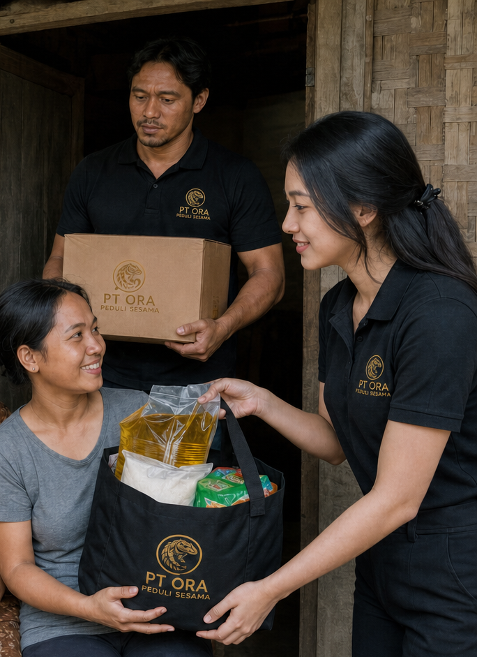 Penyerahan tas berisi beras minyak dan kebutuhan rumah tangga