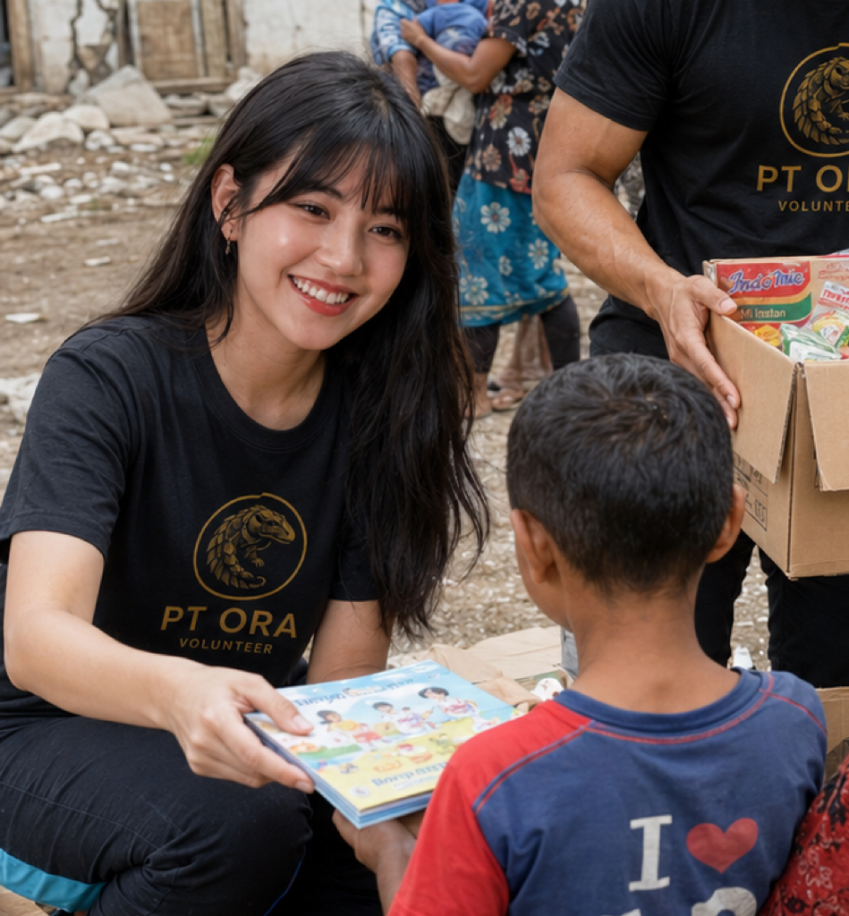 Penyerahan buku kepada anak di lingkungan dengan bangunan rusak