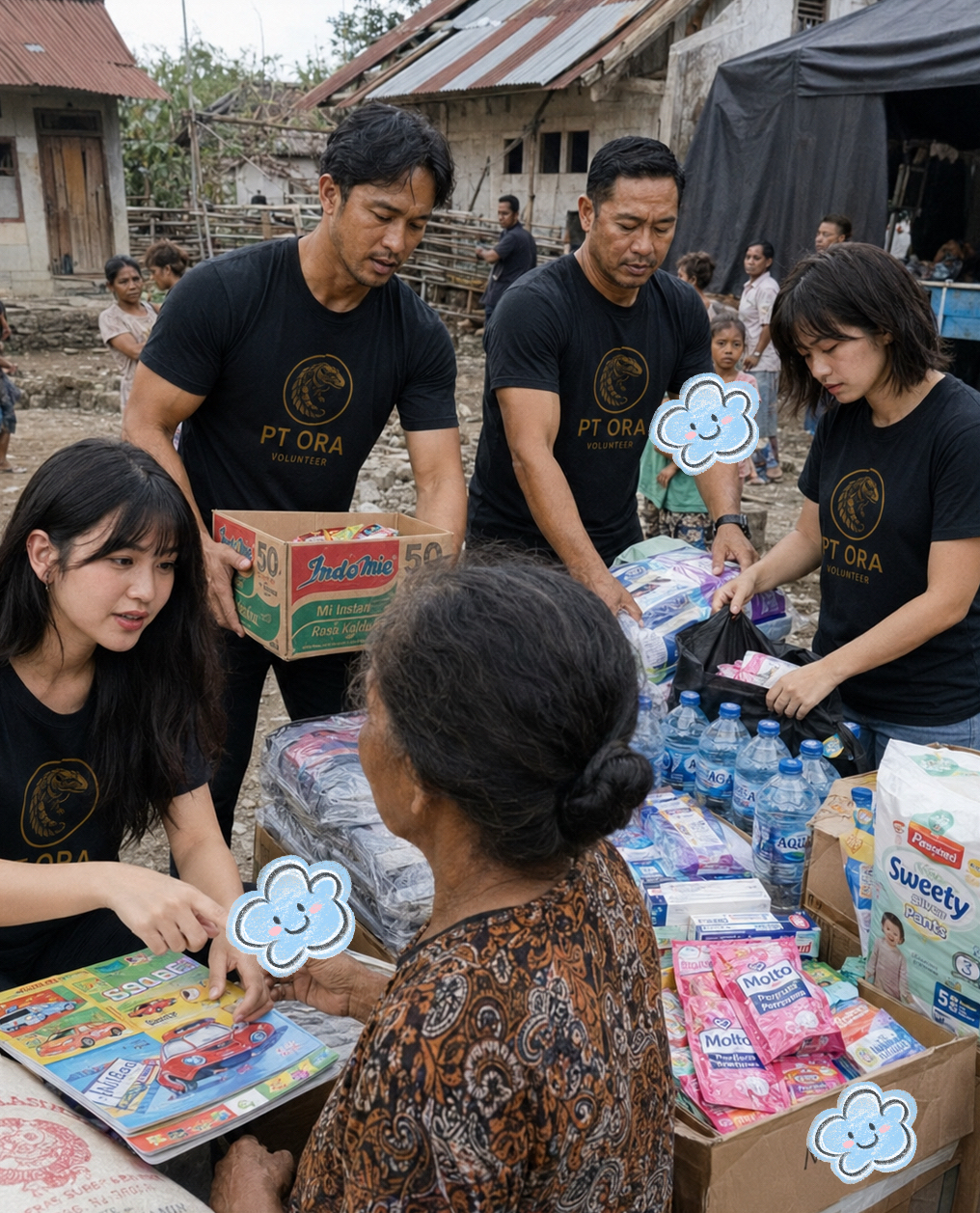 Penataan buku pakaian pangan dan air minum pada meja bantuan